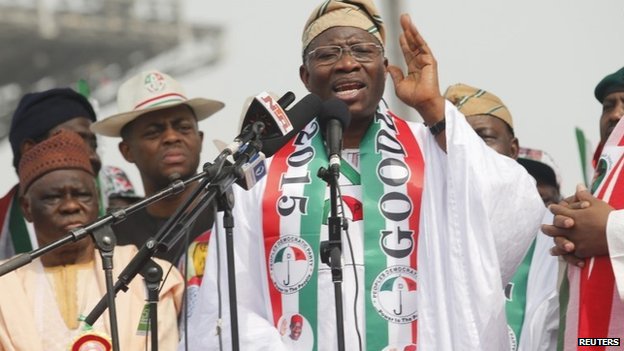 Nigeria's President Goodluck Jonathan speaks during the flag-off for his campaign for a second-term in office, in Lagos on 8 January 2015
